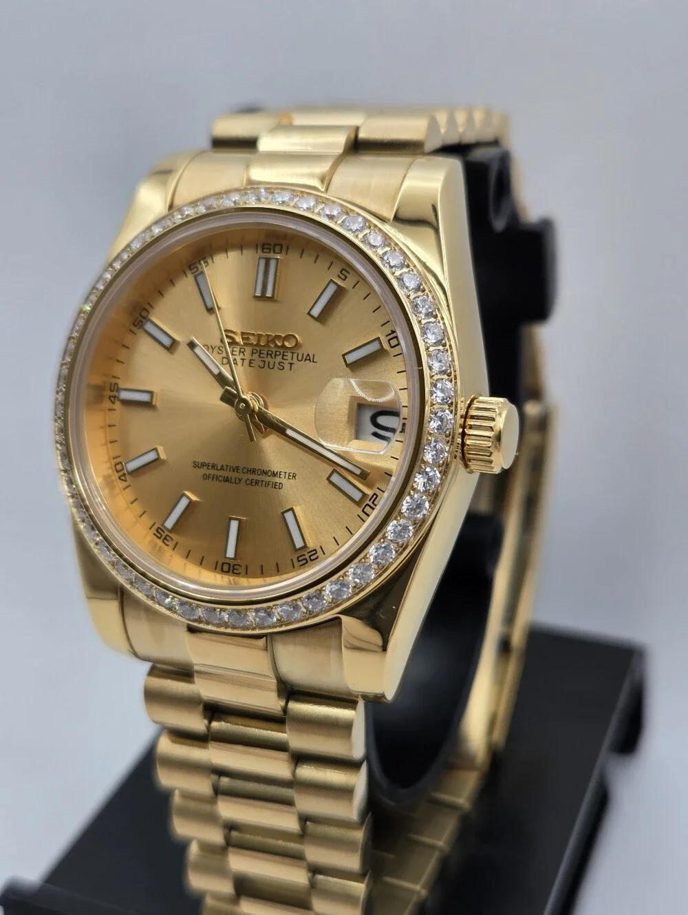 New Seiko Mod 36mm Automatic Watch White Dial DJ Rhinestone Bezel